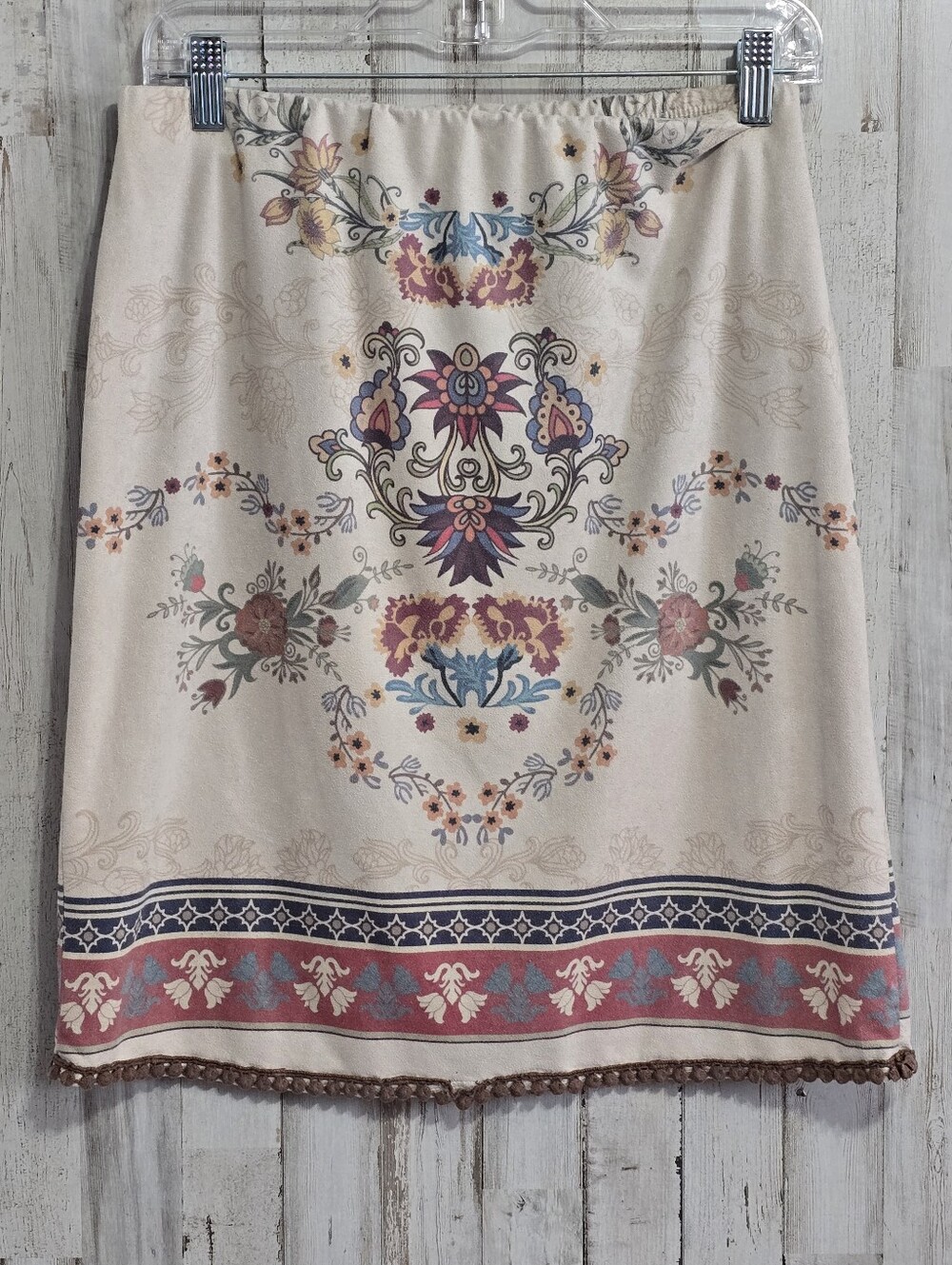 Wrangler Beige Floral Western Boho Pom Pom Fringe Skirt Size Large - Picture 3 of 7